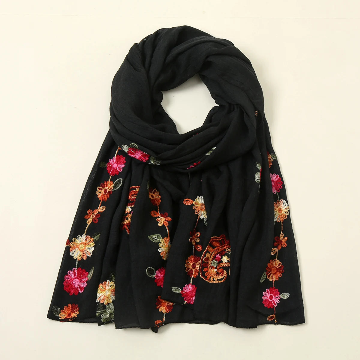 Wholesale New Fashion Embroidery Floral Long Scarf Hijab Woman Cotton Shawl Summer Solid Color Wraps For Ladies Stole Headband