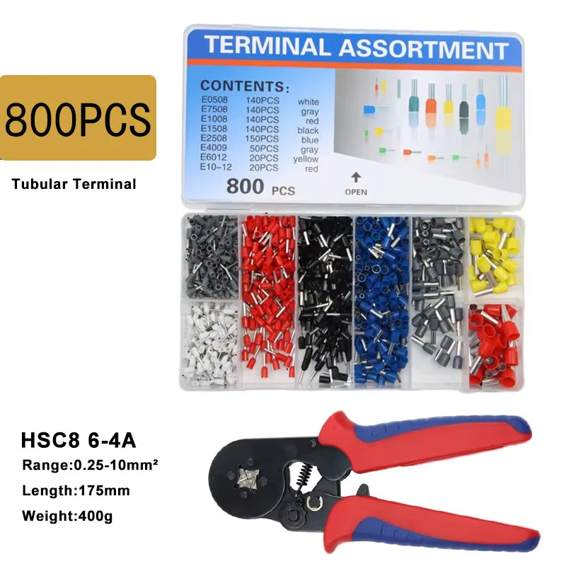 VE Tubular Crimping Terminal Ferrule Kit with 800-1900PCS HSC8 6-4A 0.25-10mm² Pliers Mini Wire Ferrule Fixture Kit