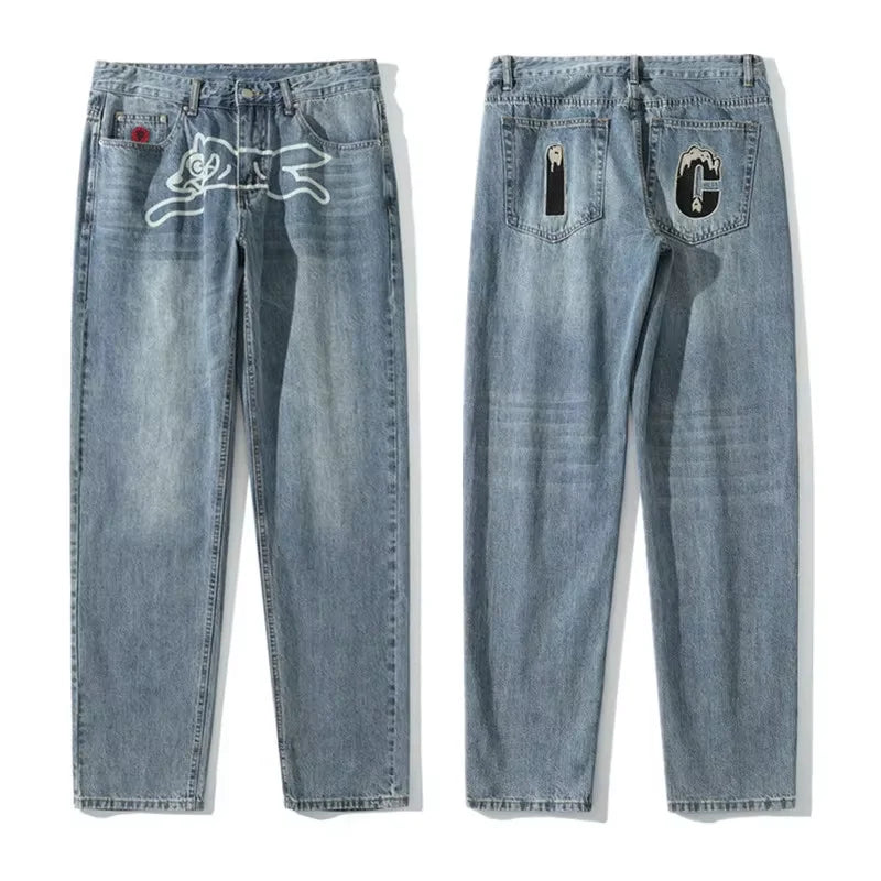 2024 Cyber Y2K Fashion Flying Dog Printed Baggy New Jeans Pants For Men Designer Clothes Luxury Kanye Straight Cowboy Trousers