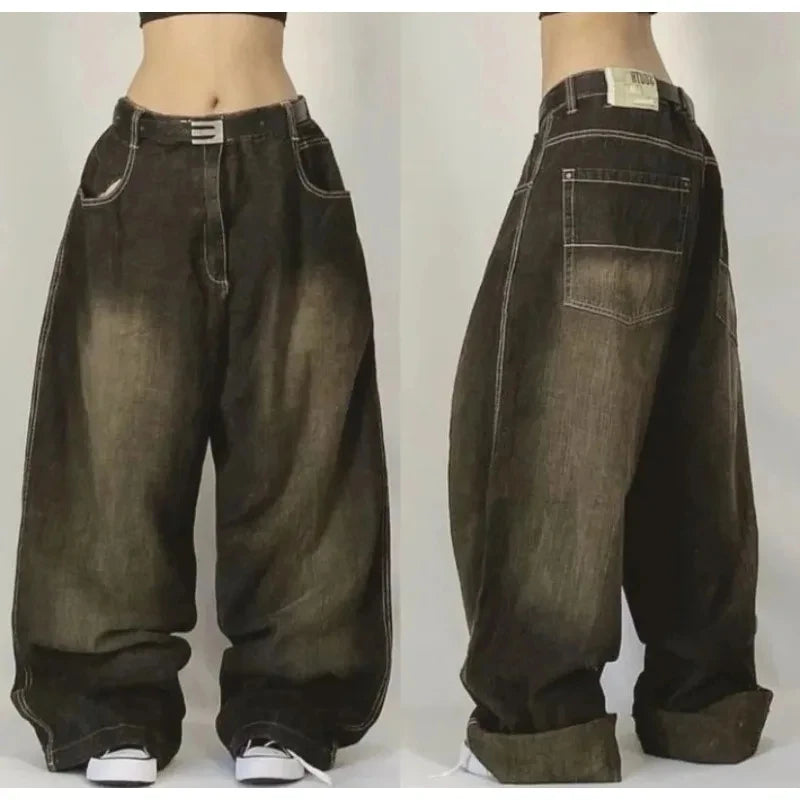 Y2K American New Fashion Oversized Printed Washed Black Baggy Jeans Women Gothic Harajuku Vintage Rock High Waist Wide Leg Pants