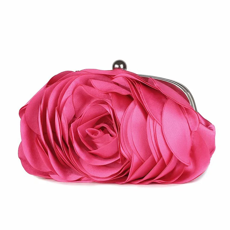 Women Rose Flower Evening Bag Ladies Floral Pink Handbag Bridal Wedding Party Purse Fashion Beatiful Small Day Clutch Chain
