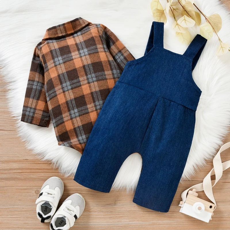0-18M Baby Boys Spring Fall Clothes Set Newborn Infant Long Sleeve Plaid Shirt Romper + Animal Dog Denim Suspender Pant Overalls