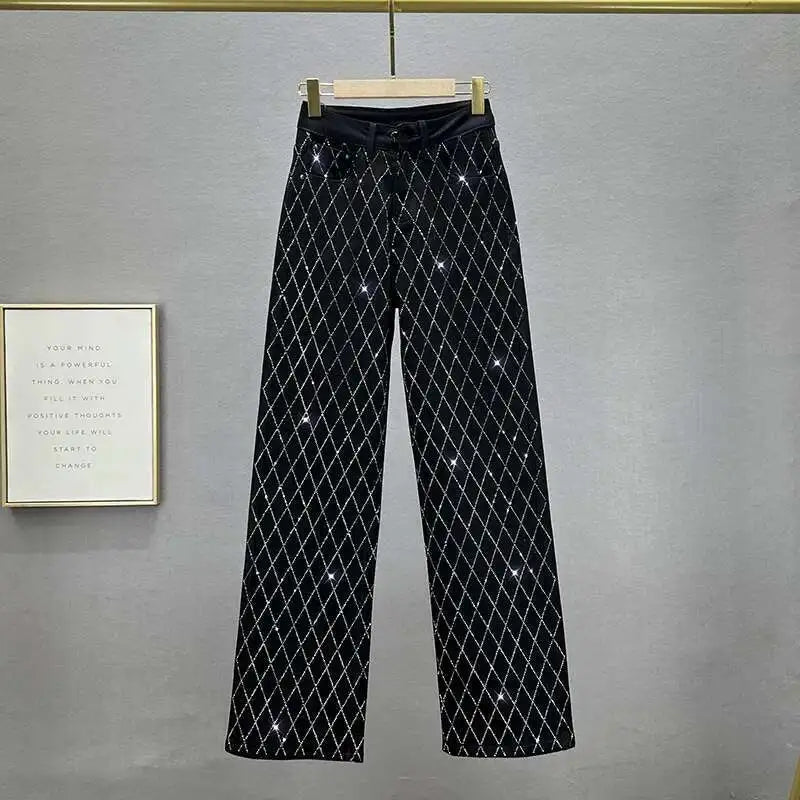 DEAT Women's Jeans High Waist One Side Plaid Shape Diamonds Straight Wide Leg Classic Denim Pants 2025 New Fashion Summer