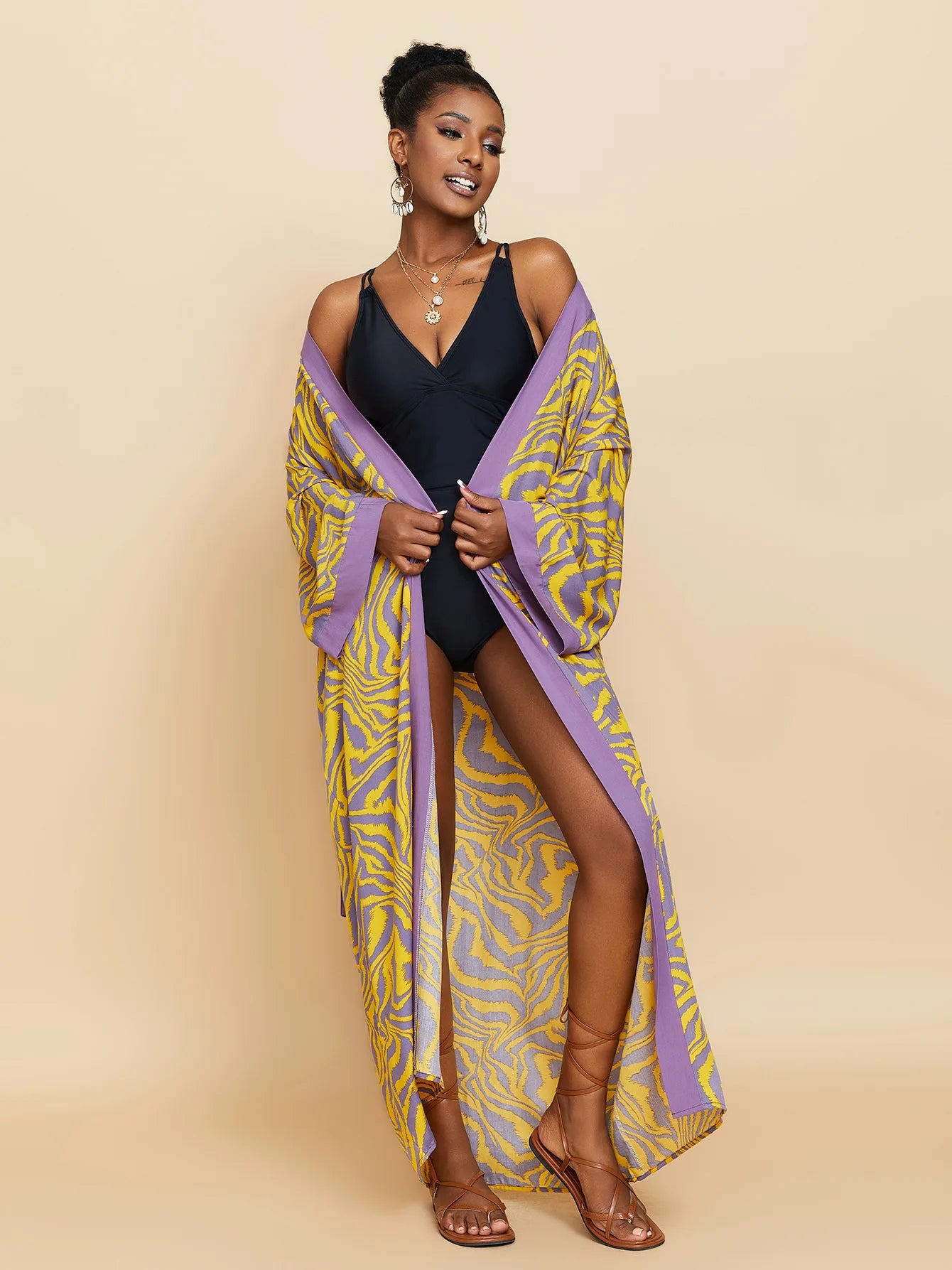 Women Long Beach Kimono Curve Hem Loose Open Front Tie Dye Bathing Suit Cover up