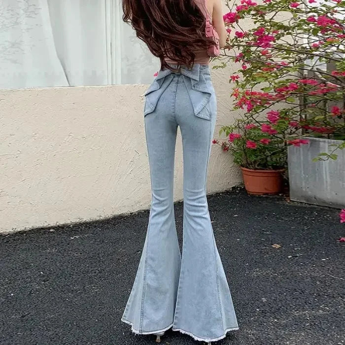 Spring Summer New High Waist 3D Butterfly Knot Denim Pants Women's European Style Slimming Butt Lifting Flared Trousers
