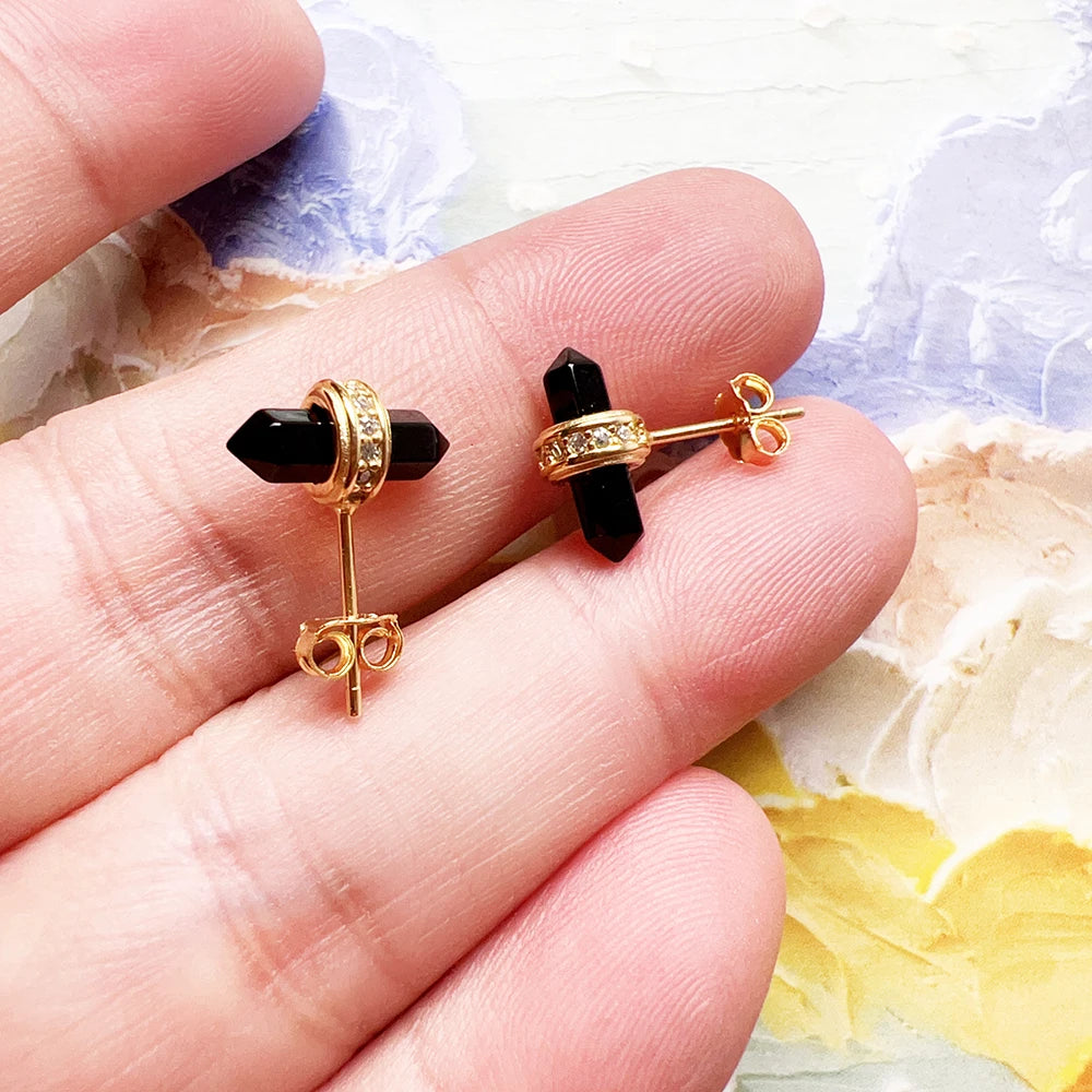 Gold Plated Ear Studs Hexagonal Onyx Europe Vintage Fine Jewerly For Women Gift In Pure 925 Sterling Silver