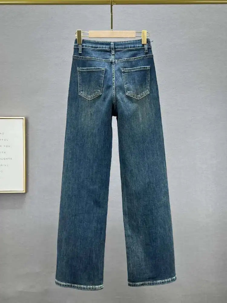 DEAT Women's Jeans High Waist One Side Plaid Shape Diamonds Straight Wide Leg Classic Denim Pants 2025 New Fashion Summer