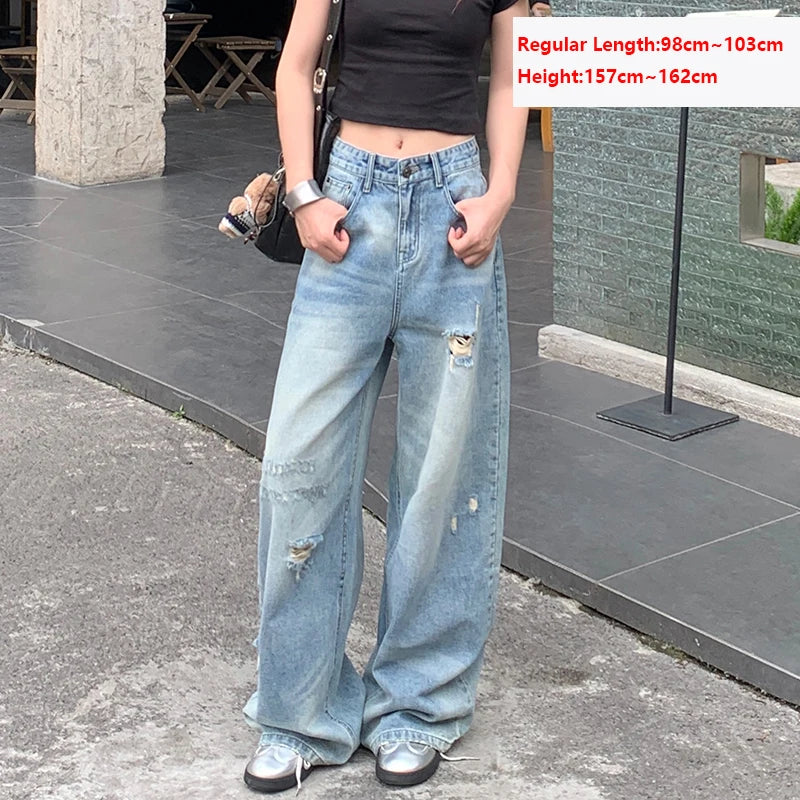 KSTUN Vintage Women's Jeans Wide Leg Ripped Denim Pants Distressed Jeans Women Straight Dragging Pants Hip Hop Motocycle Jeans