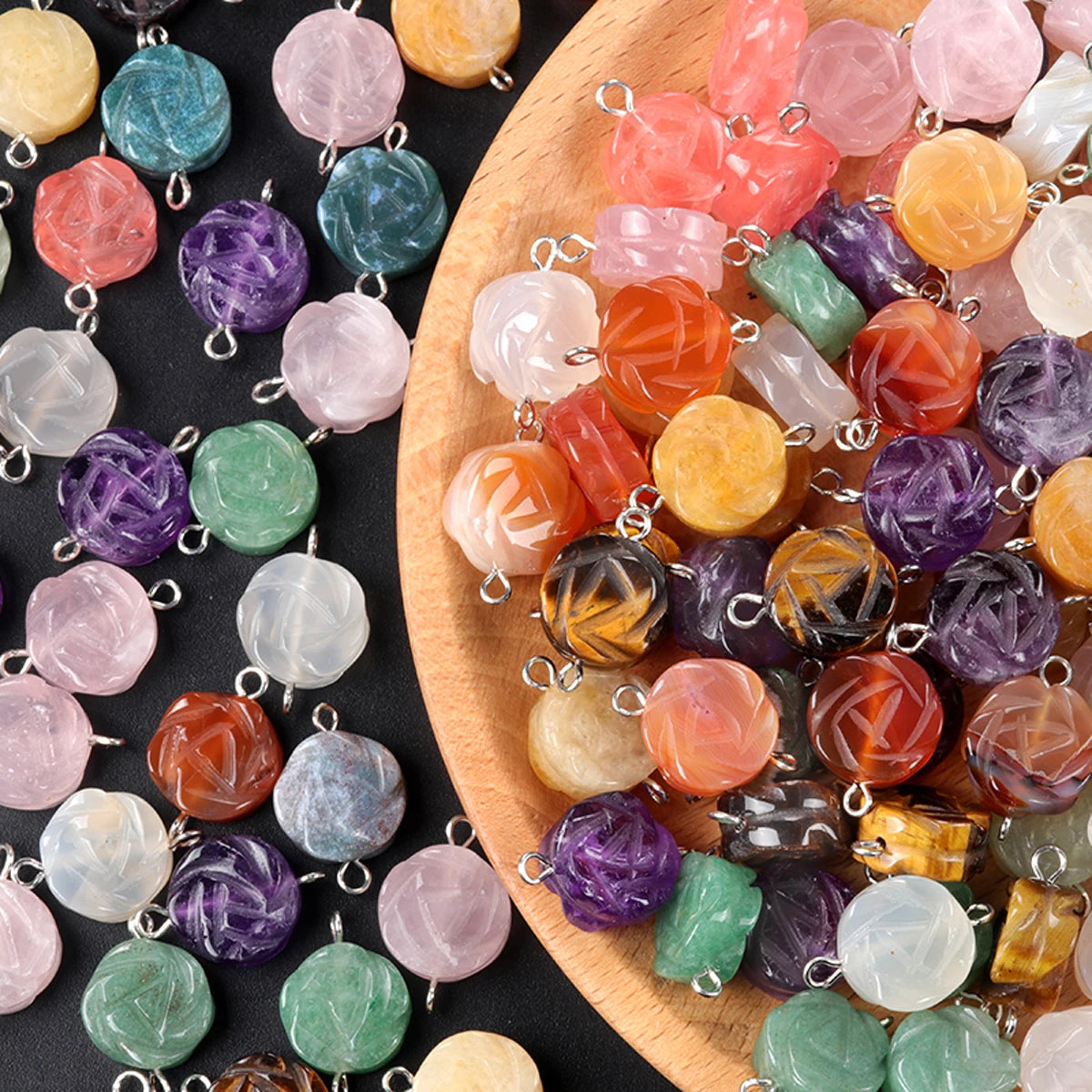 2Pcs Natural Stone Yellow Jade/Agates Rose-Shaped Connector For Jewelry Making DIY Necklace Bracelet Accessory Size 14 mm