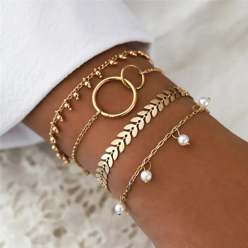 YOBEST 2024 New Heart Beads Chain Bracelets for Women, Silver Color Trendy Geometric Bracelets Set, Party Jewelry Accessories