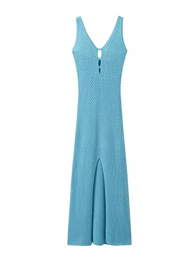 Sexy Deep V-neck Cut Out Halter 2025 Summer Women Knit Back Tie Up Slit Bodycon Beach Maxi Dress Swimsuit Swimwear Coverup A3027