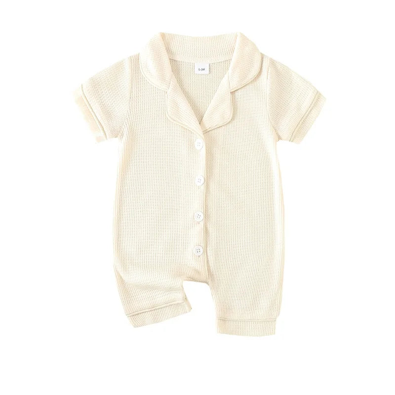 0-24months Baby Romper Pajama Lapel Neck Short Sleeve Trim Button Down Waffle Jumpsuit Infant Toddler Boys And Girls Sleepwear