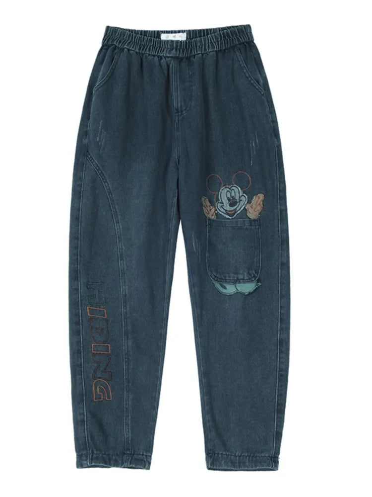 Oversized Jeans Spring Pant Women Cartoon Embroidery Fashion Elastic High Waist Ladies Trousers Loose Casual Woman New Pants