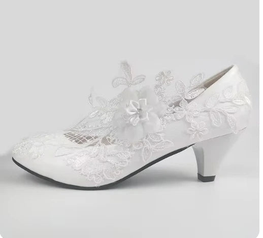 2024 New Customize wedding shoes Bridesmaid Dress shoes Thick Heeled Med Heel Shoes white Lace shoes flower female shoes