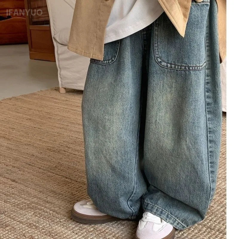 2-10Y Kids Jeans 2025 Trendy Cool Street Pants Children's Spring Autumn Kid's Denim Trousers New Boys Girls Wide Leg Loose Pants