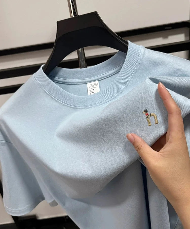 100% pure cotton new high-end brand men's round neck short sleeved T-shirt summer fashion dog embroidery Korean loose design top