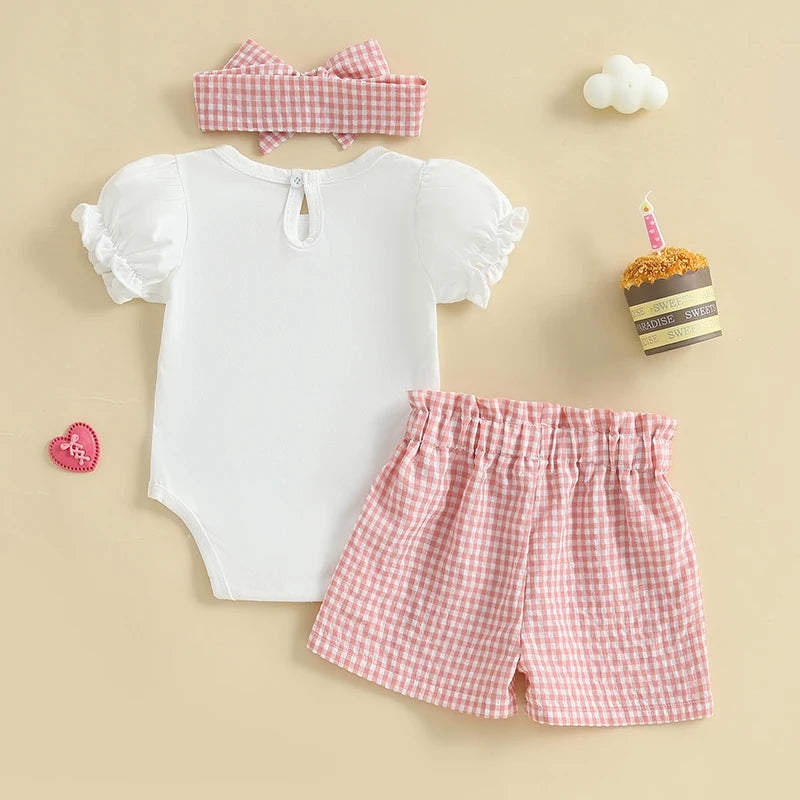 0-18M Baby Girls 1st Birthday Outfits Letter Short Puff Sleeve Romper with Plaid Print Shorts and Headband