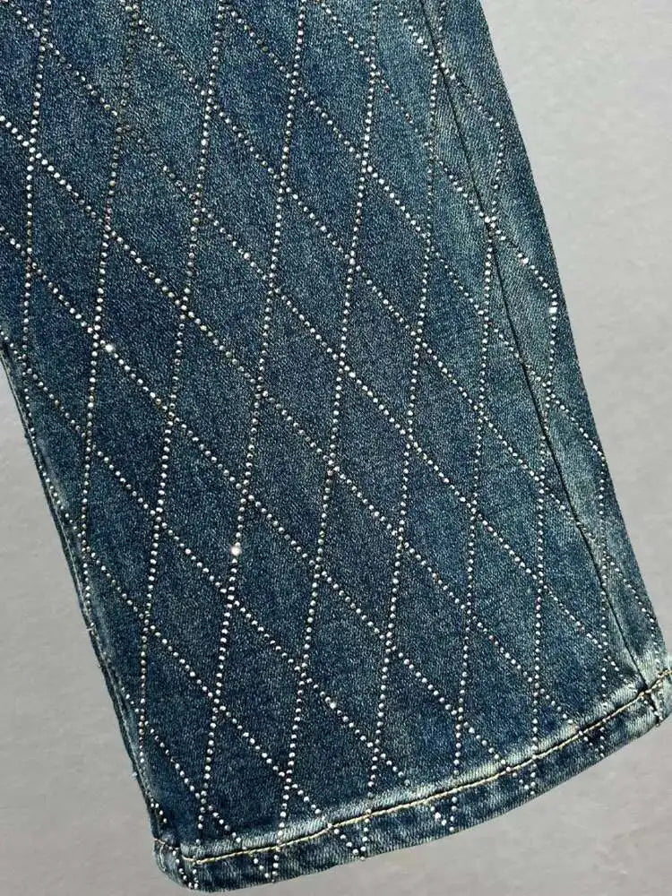 DEAT Women's Jeans High Waist One Side Plaid Shape Diamonds Straight Wide Leg Classic Denim Pants 2025 New Fashion Summer