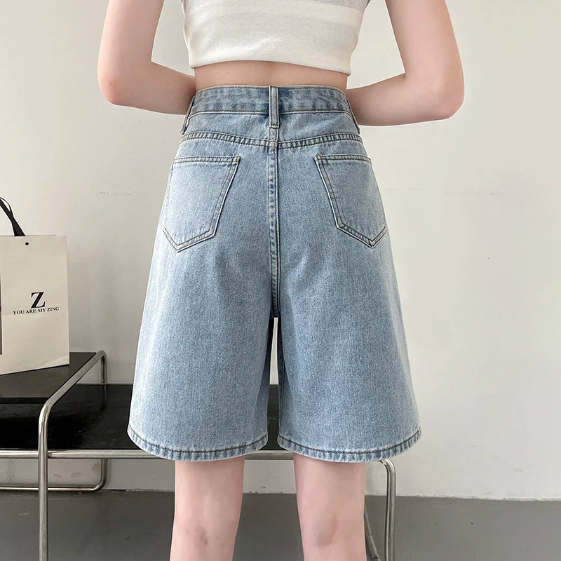 2024 Summer New Women Shorts Jeans Baggy Straight Vintage Streetwear Jeans Shorts Women Clothing Blue Black Y2K