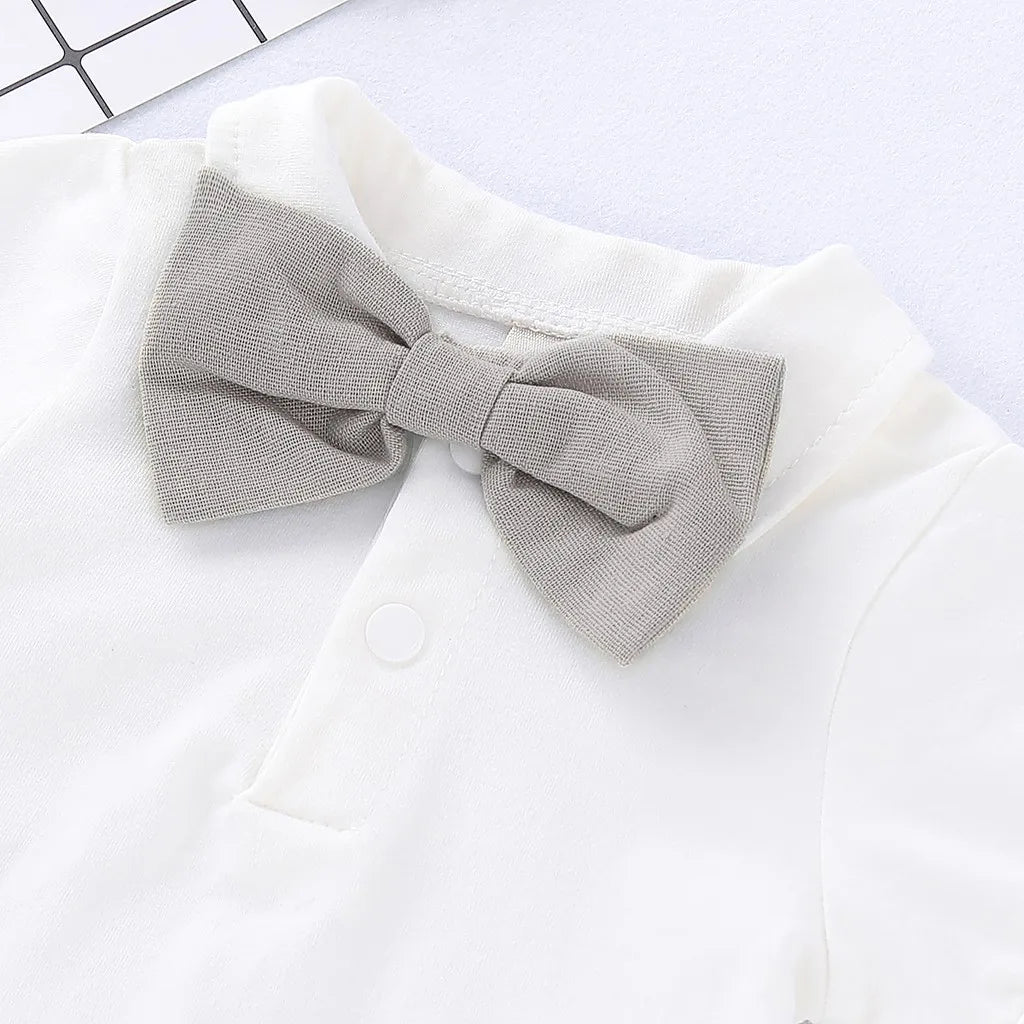 0-24 Months Baby Boy Outfits Gentlemen Suit Wedding Party Set Lapel Romper with Bow Tie+Suspender Shorts 2PCS Summer Wear