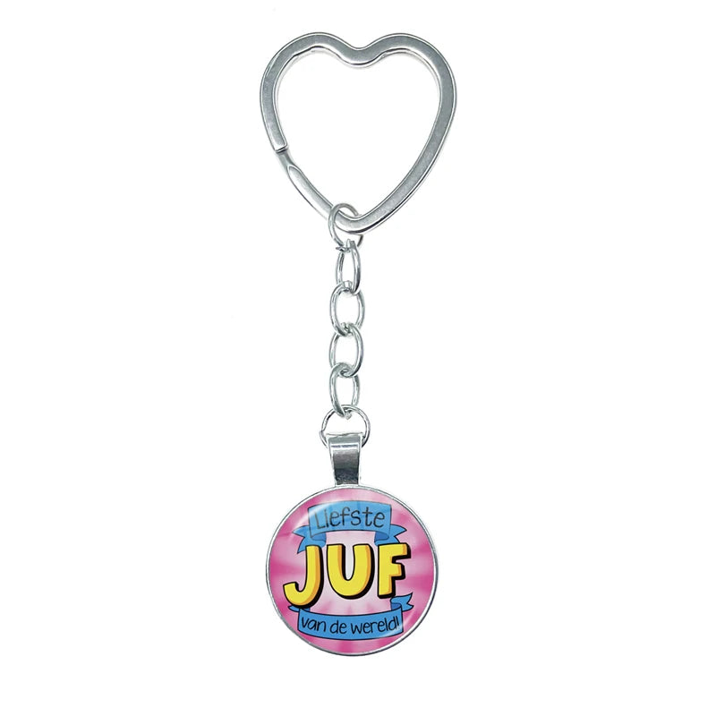 VOOR DE Liefste Juf Sleutelhanger Glass Heart Keychain Anneau Porte Clef Bedankt Juf Cadeau Letter Thank You Dear Teacher Gift