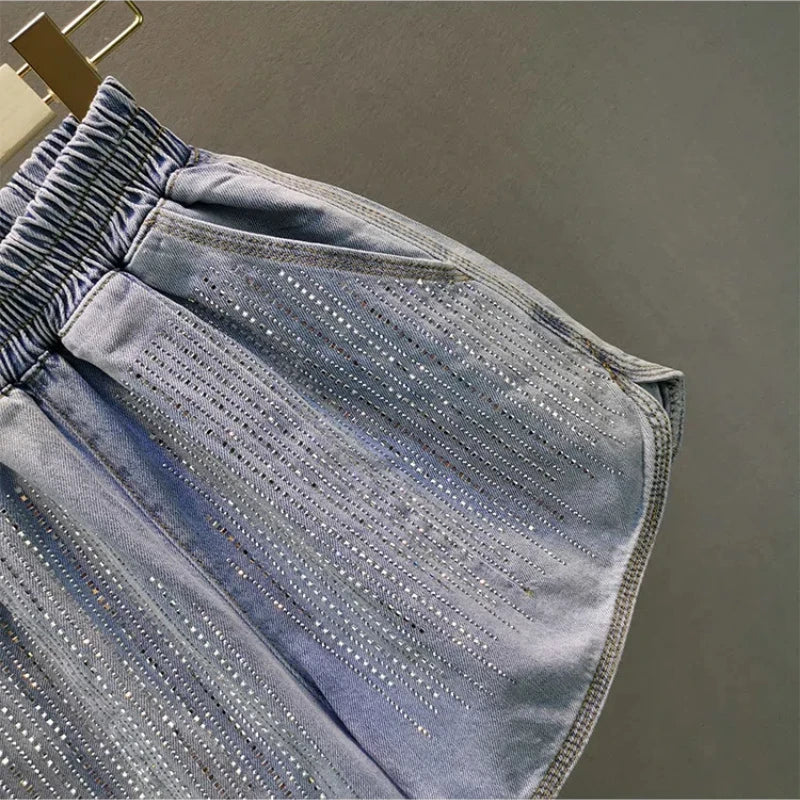 Korean Fashion Summer New Women's Elastic Waist Diamonds Pockets Simplicity Versatile High Waist Loose Cowboy Wide Leg Shorts