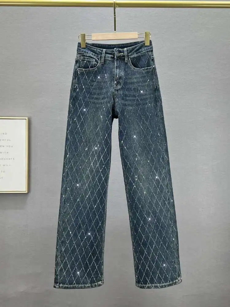 DEAT Women's Jeans High Waist One Side Plaid Shape Diamonds Straight Wide Leg Classic Denim Pants 2025 New Fashion Summer