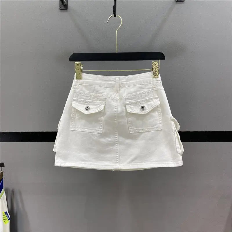 Zipper Fly Denim SKirts with Button Women's Denim Cargo Skirts with Pockets Sexy Mini A-line Jean Skirts Female Streetwear