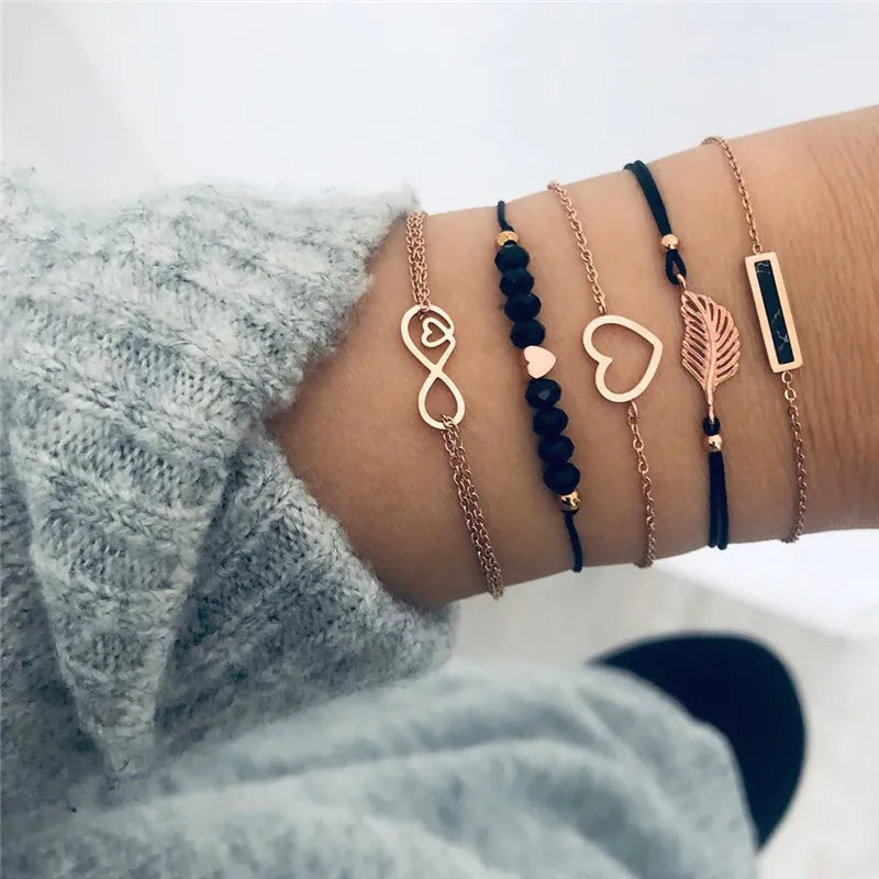 YOBEST 2024 New Heart Beads Chain Bracelets for Women, Silver Color Trendy Geometric Bracelets Set, Party Jewelry Accessories