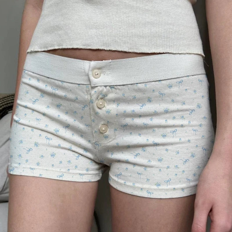 00s Cottage Cute Button Shorts Y2k Aesthetic Elastic Waist Pajama Pants Comfy Soft Sleep Bottoms Teen Girl Women Retro Shorts
