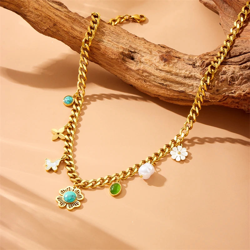 LAMENGLY316l Stainless Steel Butterfly Turquoise Flower Necklace For Woman Girl 2024 New Trend Non-Fading Cuban Chain Party Gift
