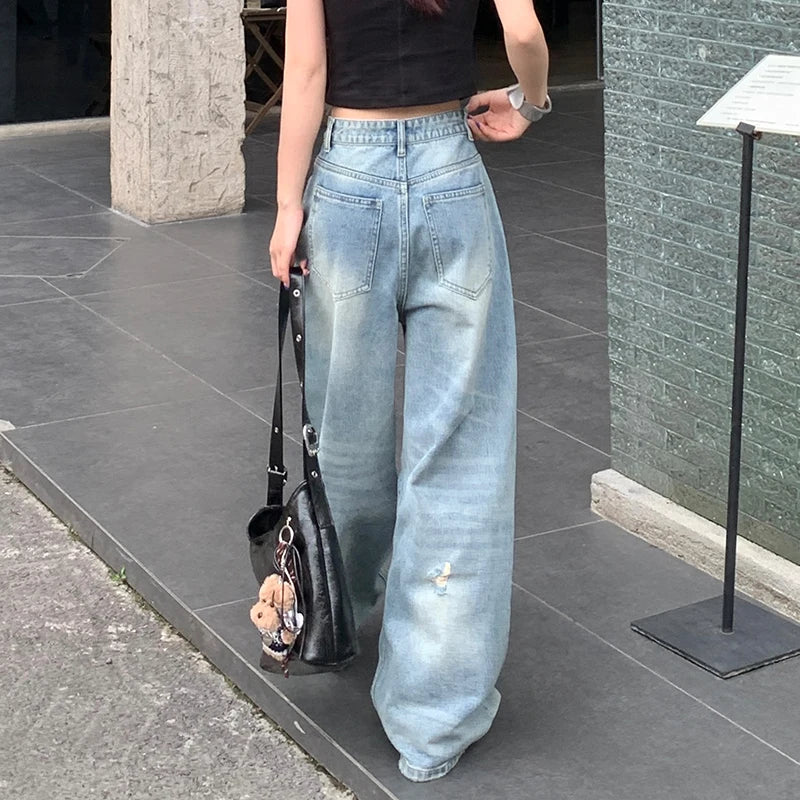 KSTUN Vintage Women's Jeans Wide Leg Ripped Denim Pants Distressed Jeans Women Straight Dragging Pants Hip Hop Motocycle Jeans