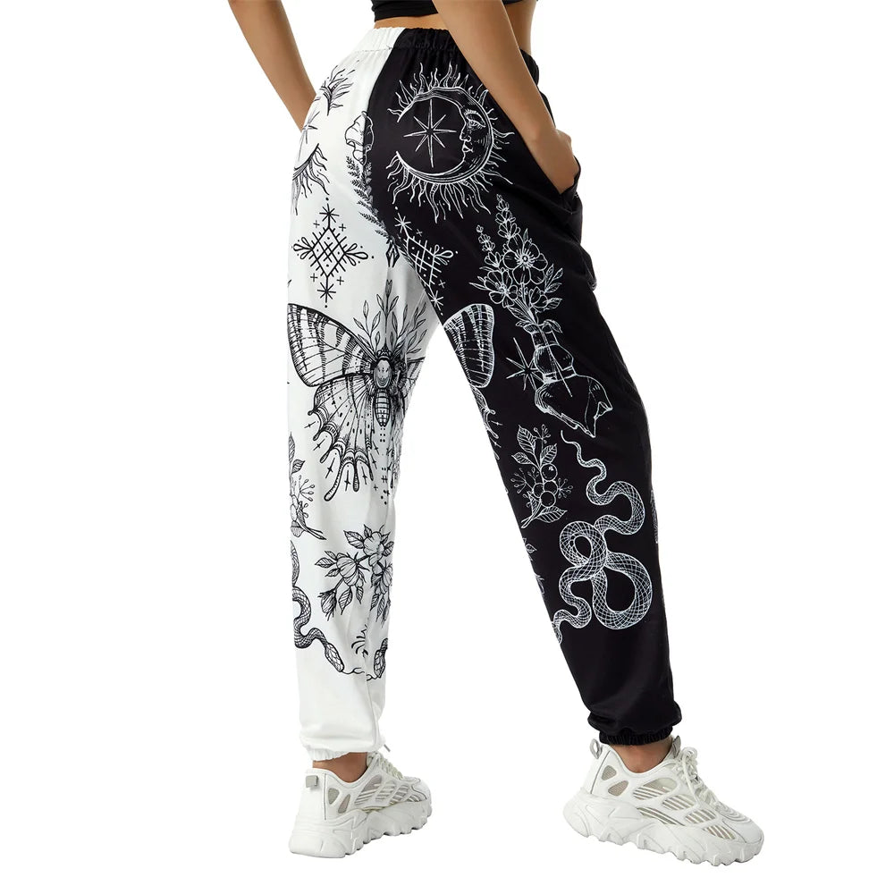 Women's Boho Hippie Harem Pants High Smocked Waist Printed Patchwork Sweatpants Yoga 90S Goth Baggy Casual Trousers