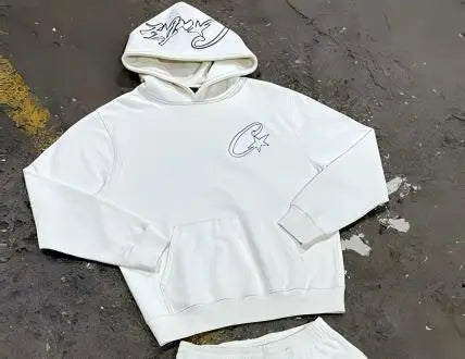 Y2K Unisex White Hoodie and Jogger Set, Casual Sportswear, Comfortable Sweatshirt and Pants, Trendy Outfit for Men and Women