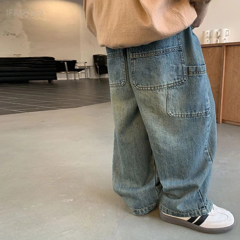 2-10Y Kids Jeans 2025 Trendy Cool Street Pants Children's Spring Autumn Kid's Denim Trousers New Boys Girls Wide Leg Loose Pants