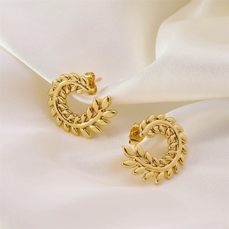 316L Stainless Steel New Fashion Fine Jewelry Concise Spiral C-Shaped Ear Of Wheat Leaves Tender Branches Stud Earring For Women