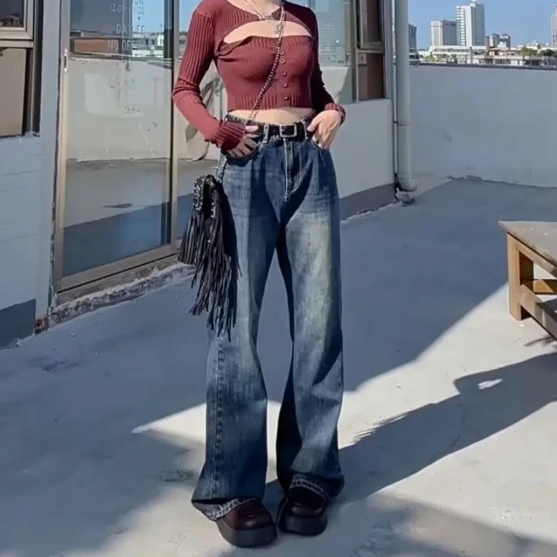 Women's Retro Style Flare Jeans American Street Bell-bottom Denim Trousers Young Girl Bottoms Female Narrow Cut Wide Leg Pants