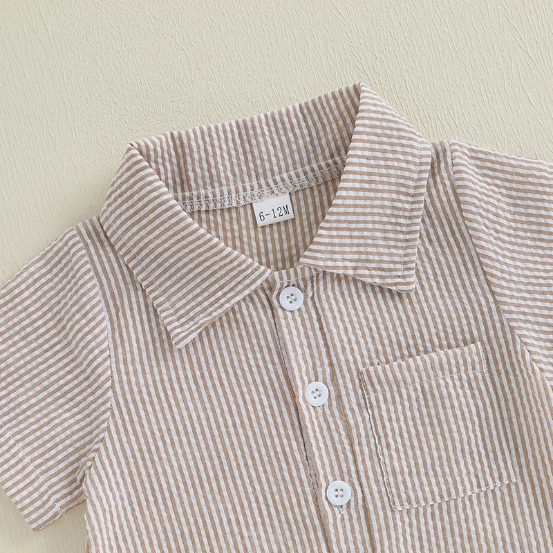 0-18M Newborn Baby Boy Summer Clothes Stripe Short Sleeve Dress Shirt Romper Button Jumpsuit Gentleman Outfit