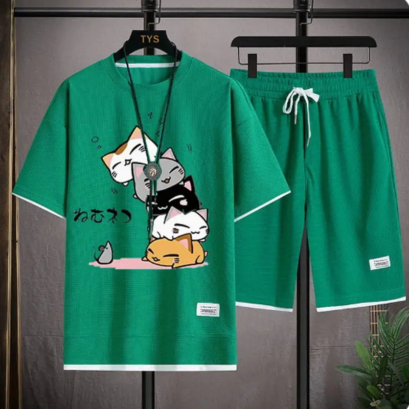 2024 Men's Summer Waffle Set Brand Fashion Casual T-shirt+Shorts Set Men's Sports Set Loose ComfortableSlo Two-piece Set
