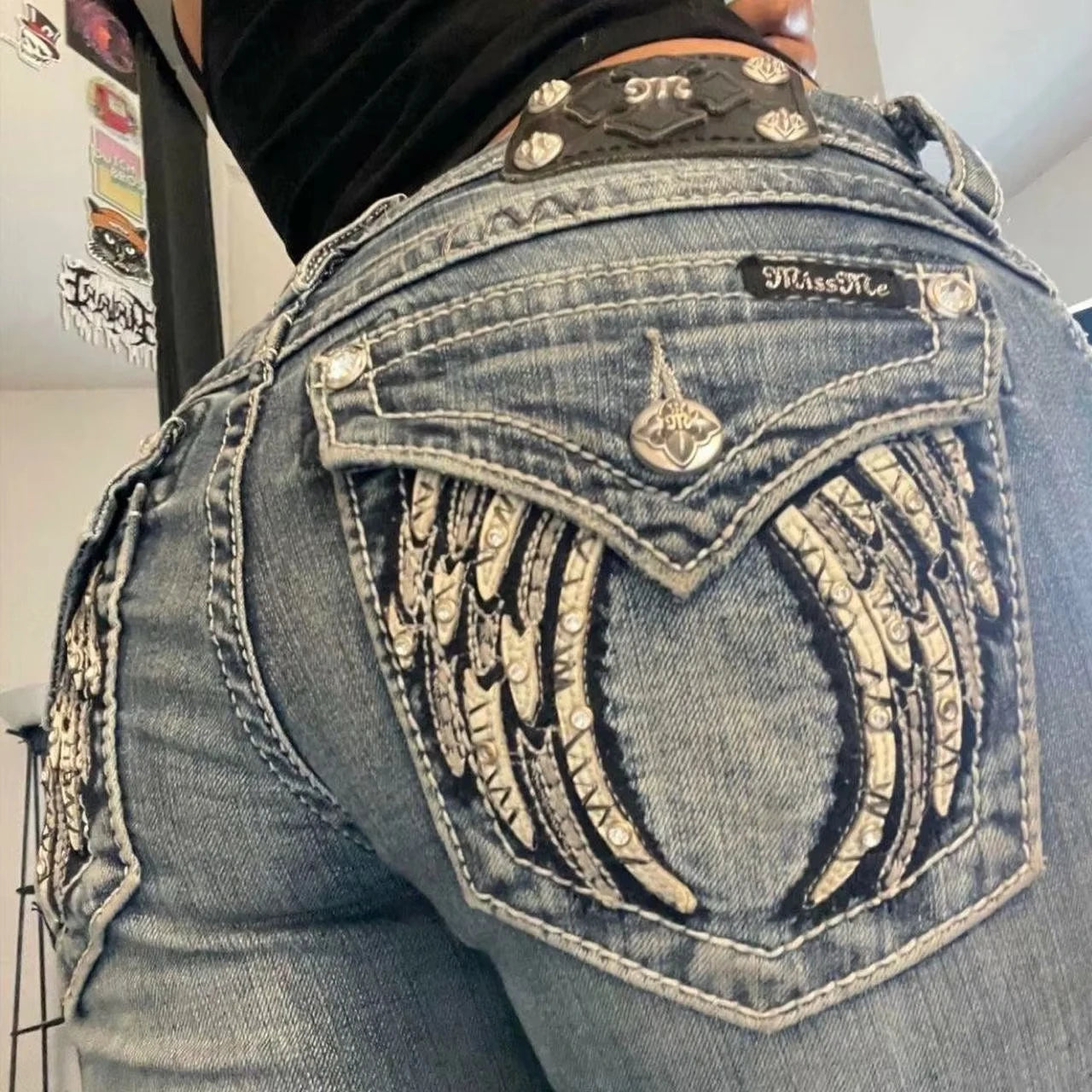 American Jeans Y2K Clothes Men Women Harajuku Retro Pockets Embroidered Buttons Baggy Blue Jeans High Waist Fashion Slim Pants