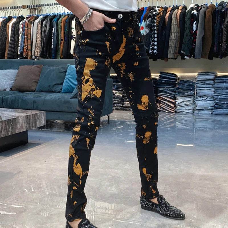 2024 Black Gold Contrast Personalized Graffiti Jeans Slim Elastic Jean Fashion Hip Hop Jean Men Punk Motorcycle Pants Jean Homme