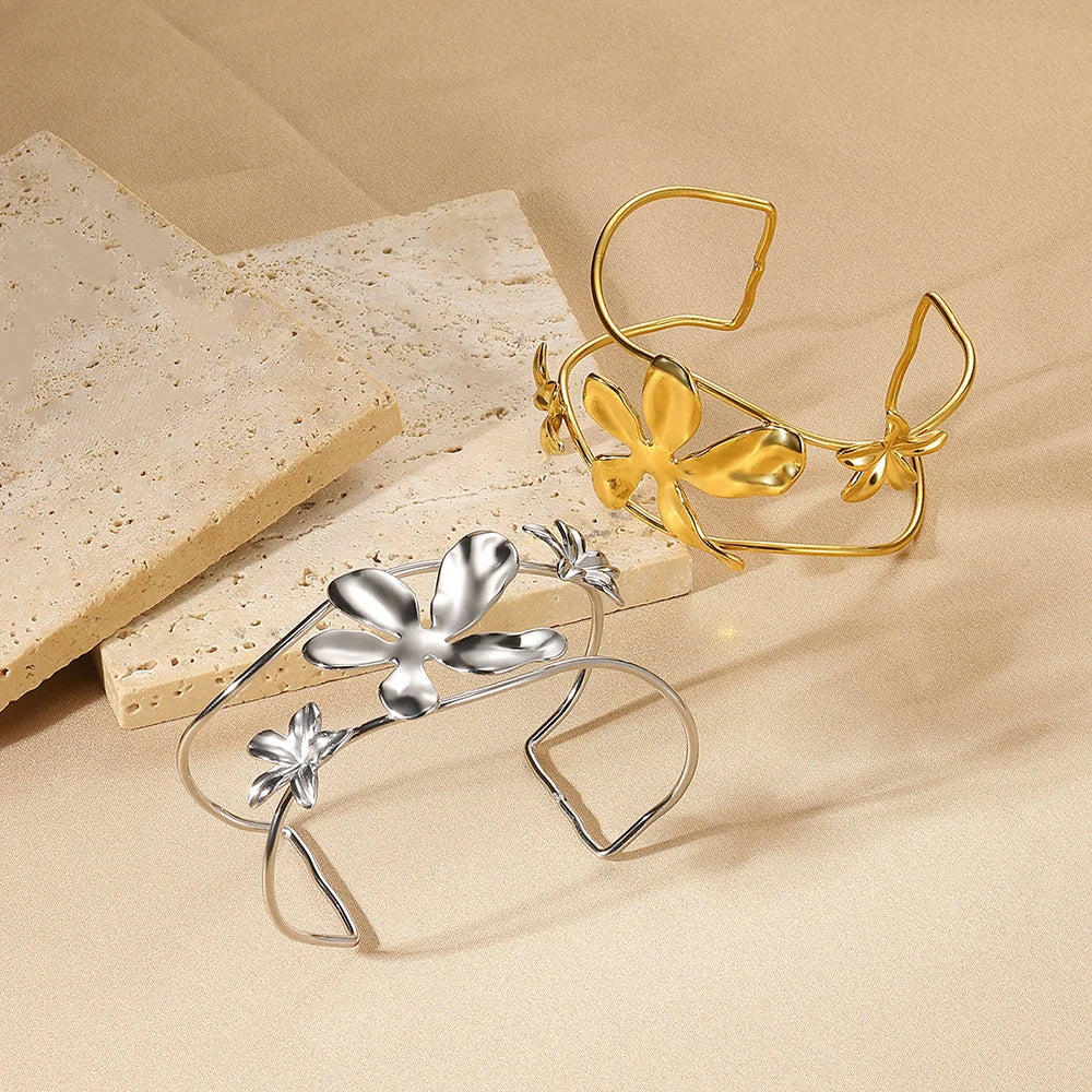 Exaggerated Flower Bangles For Women Gold Color Stainless Steel Flower Butterfly Geometric Bangle Jewelry Wedding Party Gift