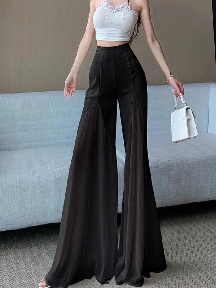 Zoki Chic Mesh Patchwork Flare Pant Women Casual Fashion Loose High Waist White Trousers Elegant Design Lady Summer Sweet Pants