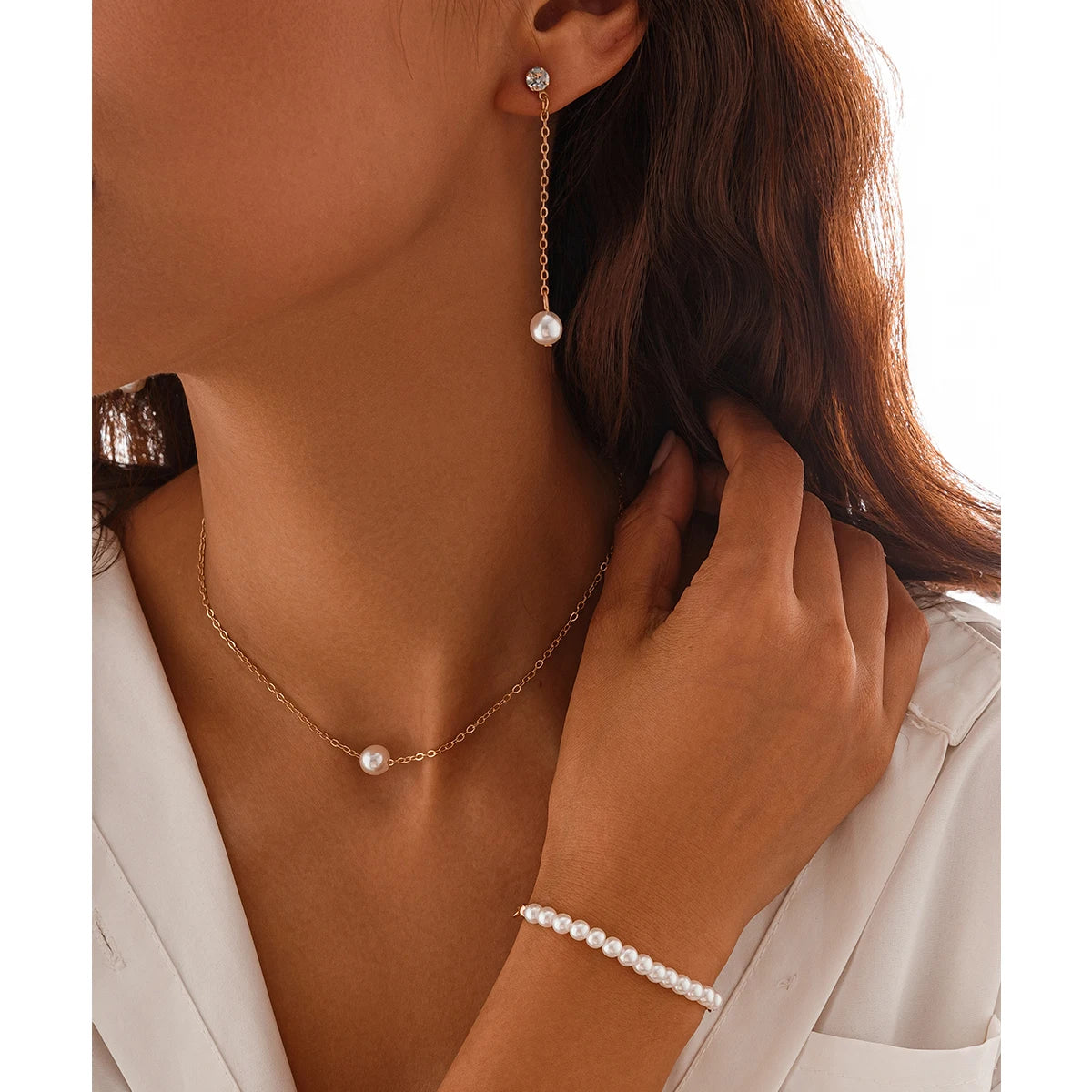 Ingemark Elegant Imitation Pearl Chain Necklace Bracelet Drop Earrings for Women Wed Bridal Jewelry Set Party Accessories Gift