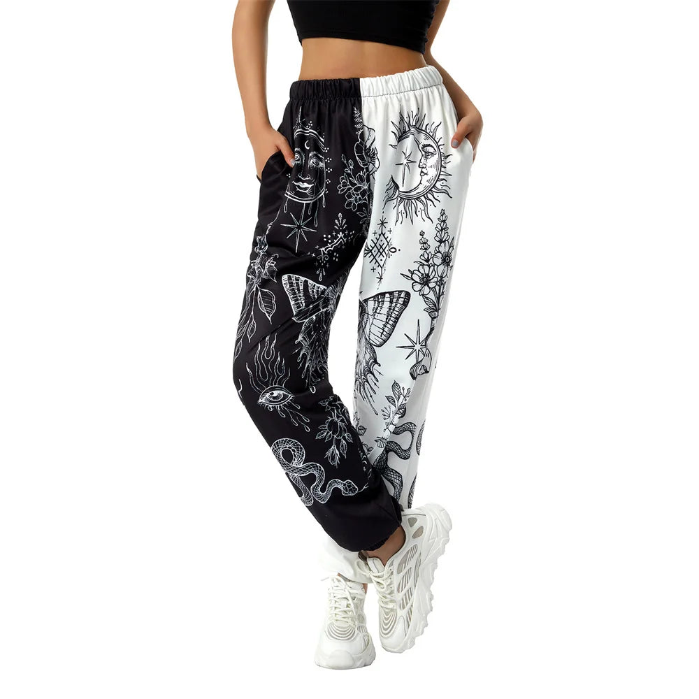 Women's Boho Hippie Harem Pants High Smocked Waist Printed Patchwork Sweatpants Yoga 90S Goth Baggy Casual Trousers