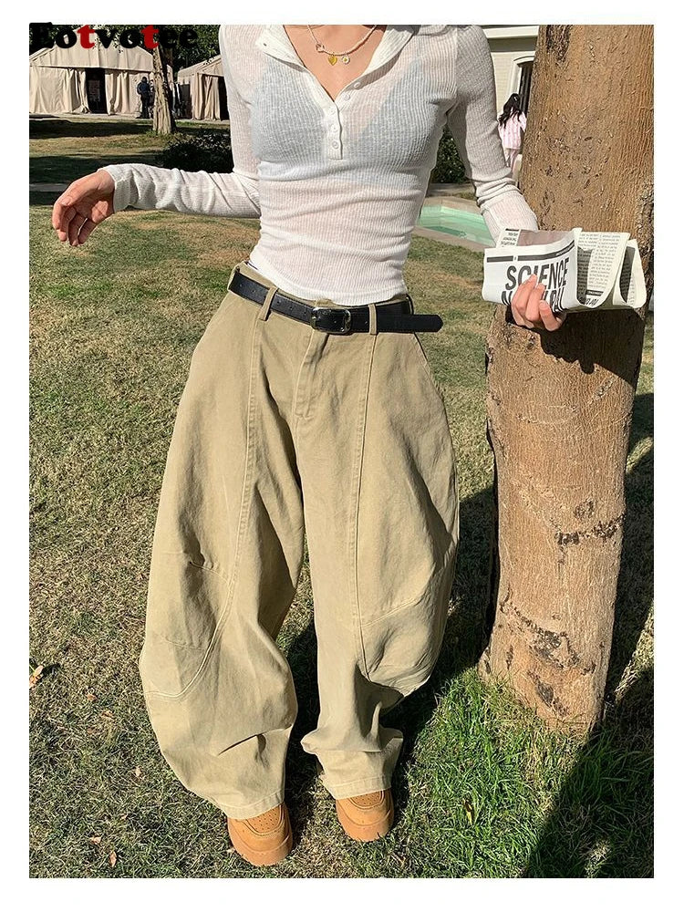 EOTVOTEE American Style Vintage Washed Jeans for Women Y2k Fashion High Waist Wide Leg Cargo Pants 2025 New Casual Cargo Jeans