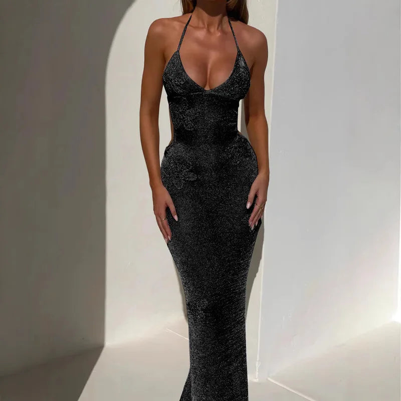 Women Slim Halter Backless Sleeveless See Through Party Dress Sexy Knit Embroidery Long Beach Dresses 2025 New Summer Lady Robes
