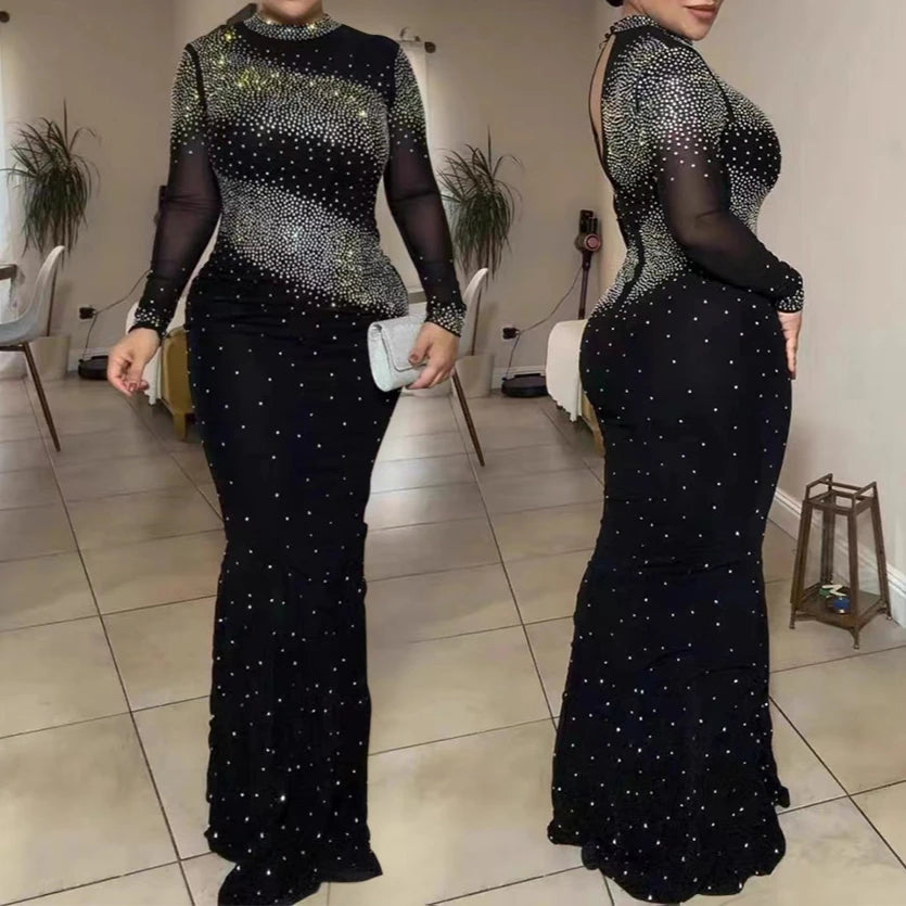 Women Evening Dresses High Neck Shiny Rhinestones Cocktail Elegant Party Dress Luxury Long Sleeve Formal Prom Dresses XSY015