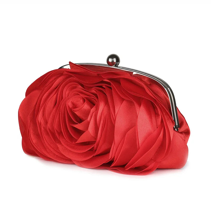Women Rose Flower Evening Bag Ladies Floral Pink Handbag Bridal Wedding Party Purse Fashion Beatiful Small Day Clutch Chain