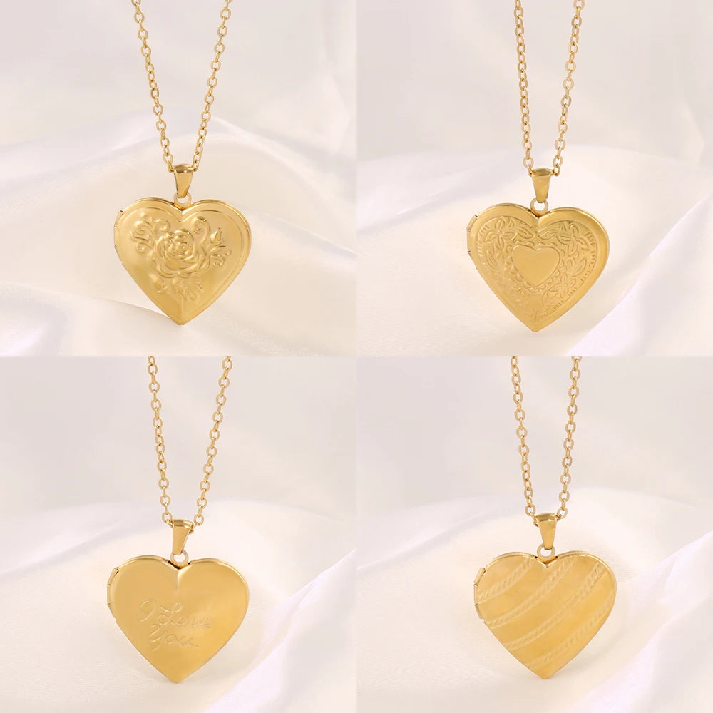 Stainless Steel Open Heart Photo Frame Pendant Necklace for Family Couple Gift Heart Photo Picture Locket Chain Necklace Jewelry